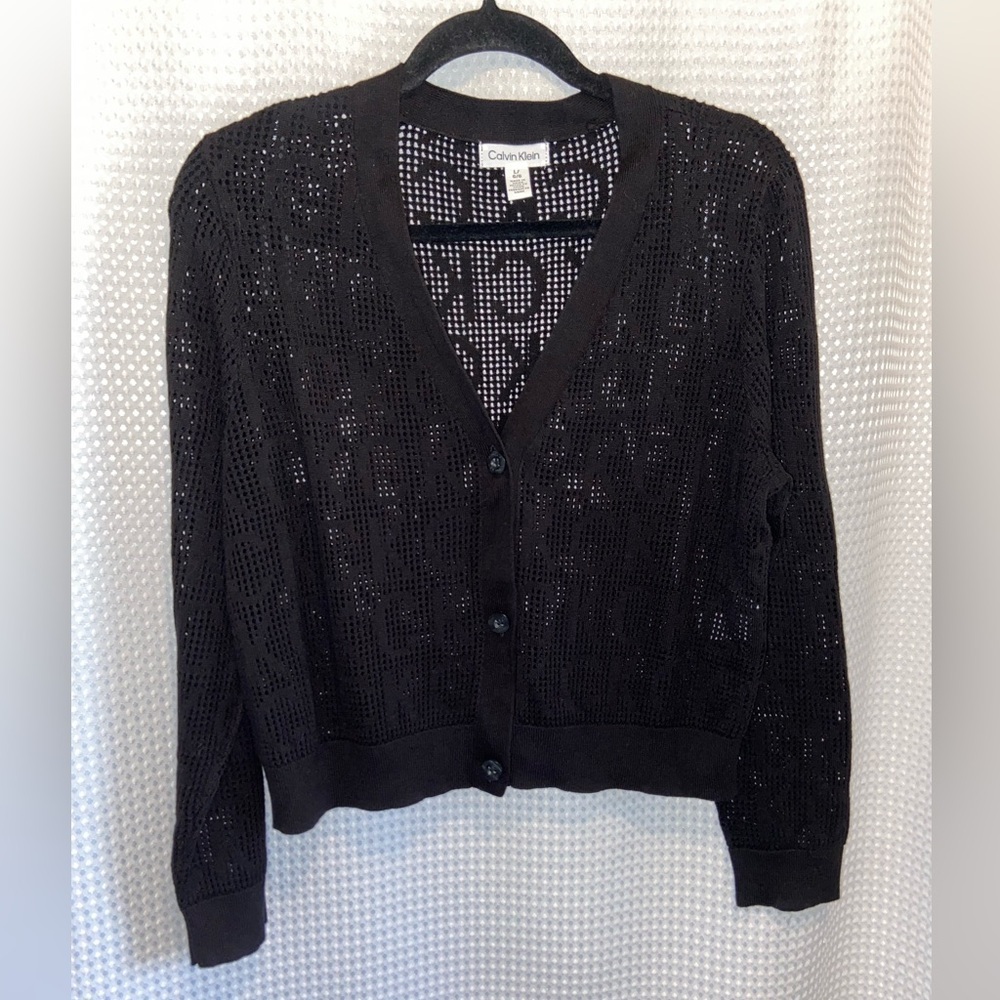CALVIN KLEIN sheer black buttoned cardigan all over Logo size Large - Picture 3 of 9